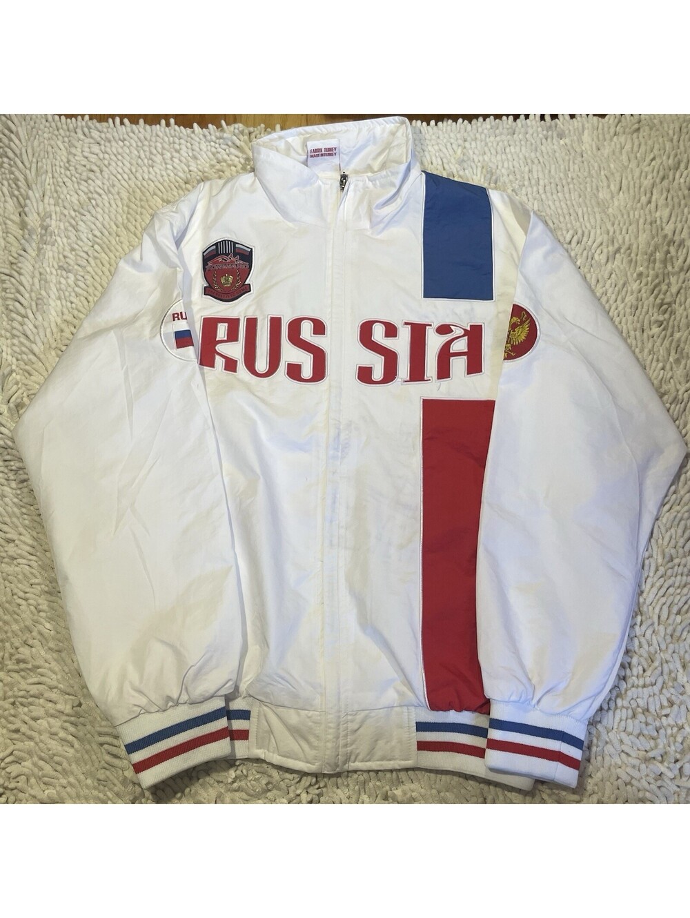 Forward Men's Small Russia Full Zip White Jacket Vintage Embroidered Blue Red